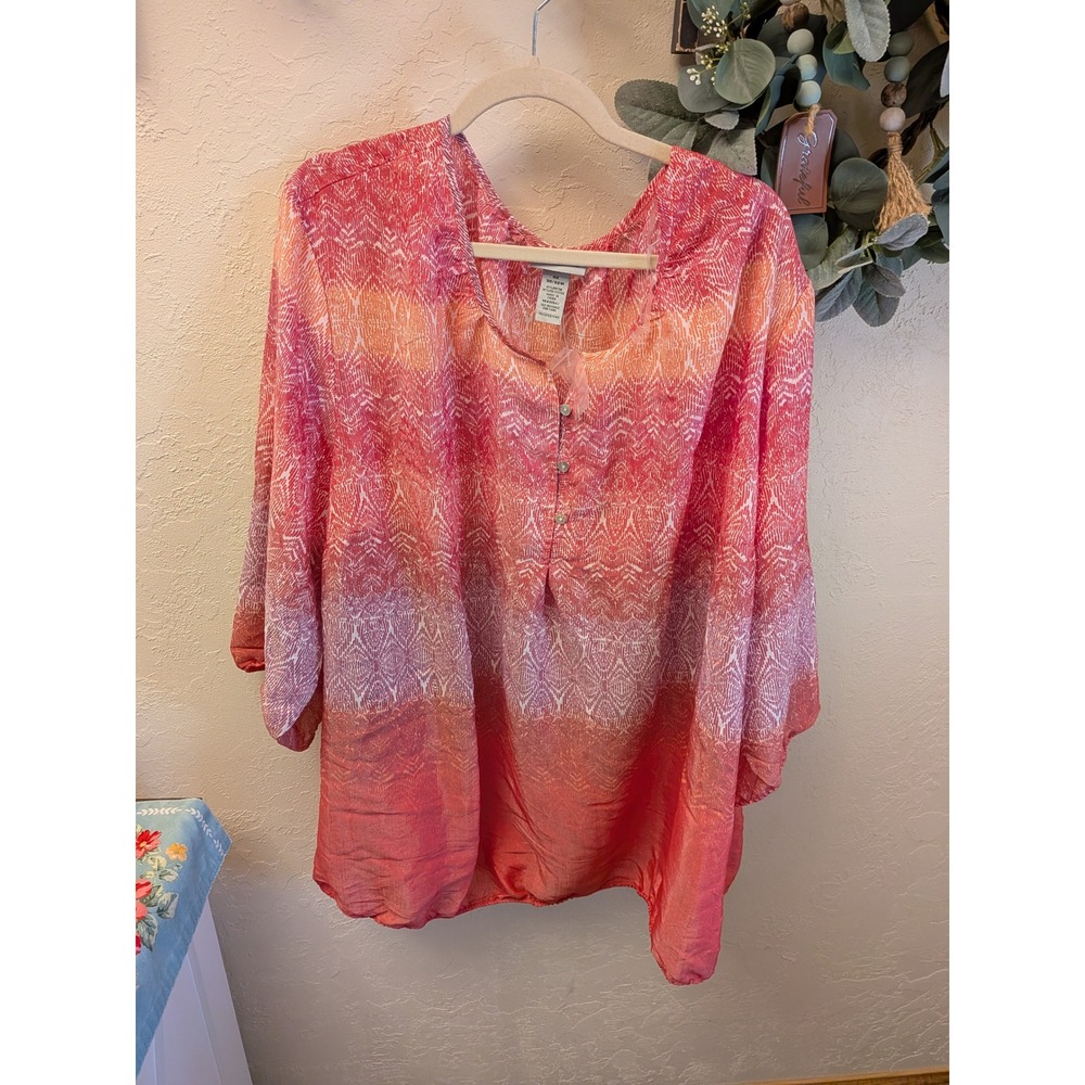 Catherines Womens 4X Pink Orange Ombre Tunic‎ Top 3/4 Sleeve Plus Size 30/32W